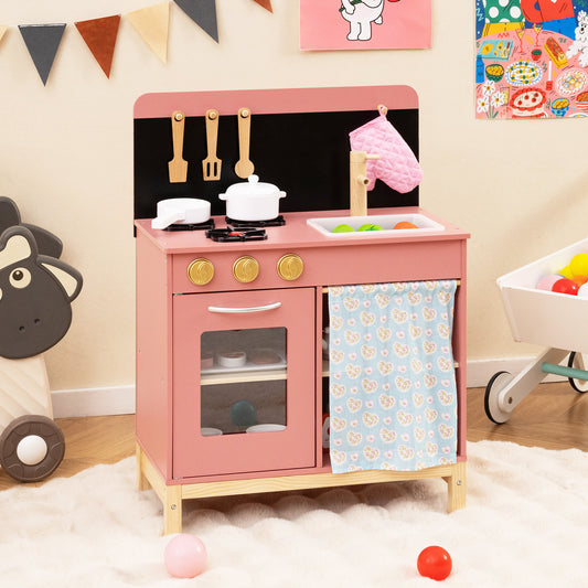 Kids Wooden Play Kitchen, With Door Curtain, Pink Play Kitchen Sets Pink at Gallery Canada