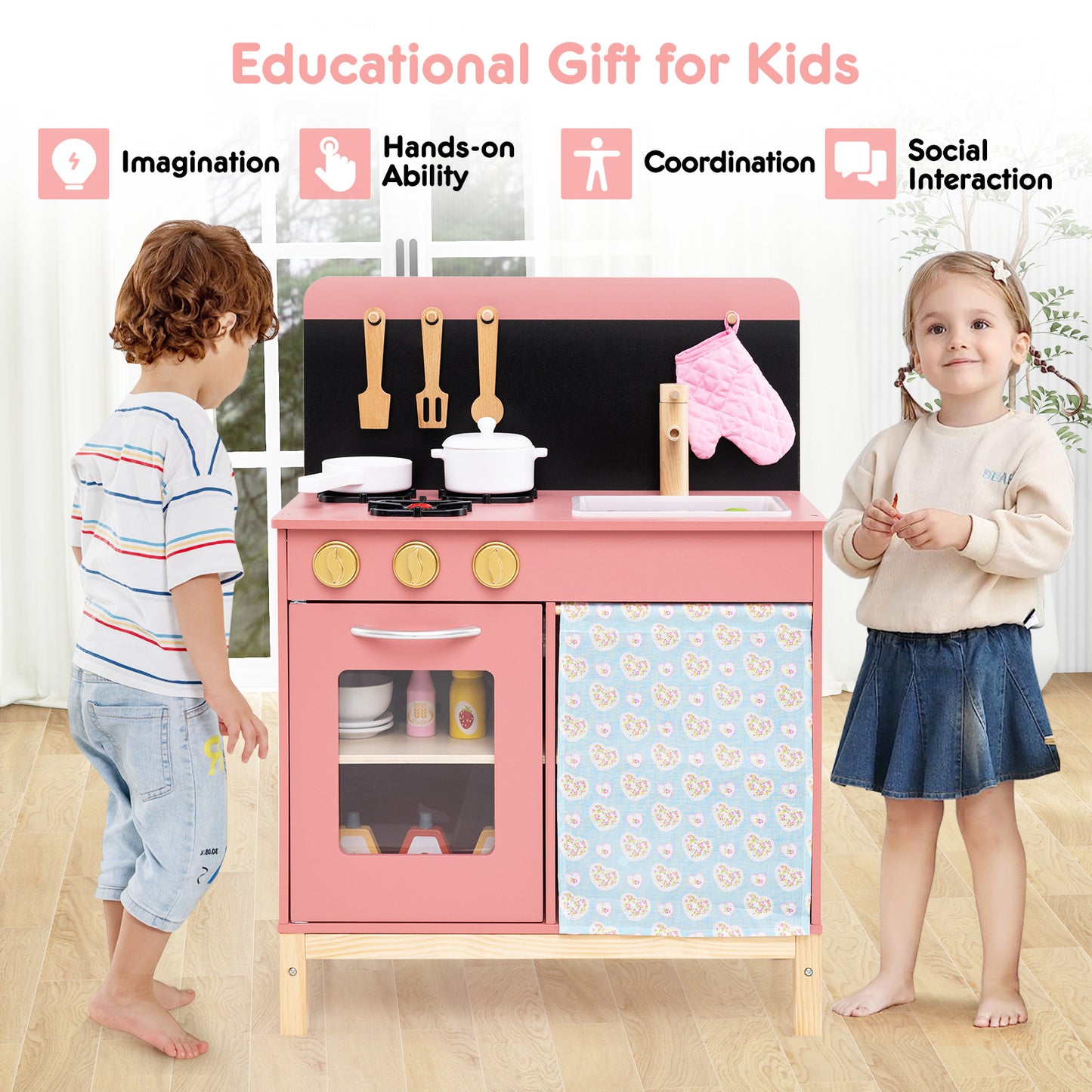 Play Kitchen for Kids Wooden Kitchen Playset with Door Curtain, Pink Play Kitchen Sets at Gallery Canada