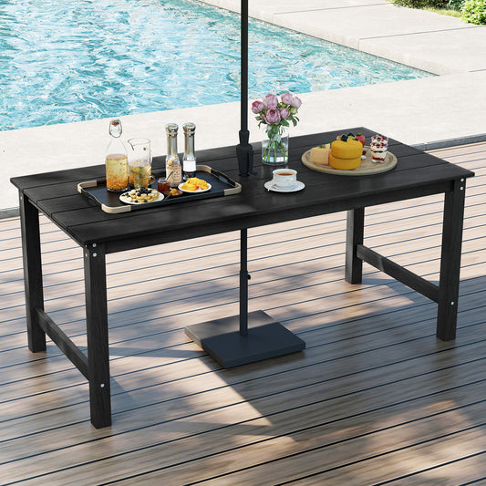 HDPE Outdoor Dining Table for 6 Person with Wood-Like Tabletop and Umbrella Hole, Black Patio Dining Tables Black at Gallery Canada