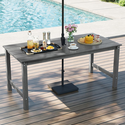 Outdoor Dining Table For 6, With Wood-Like Tabletop And Umbrella Hole, Gray