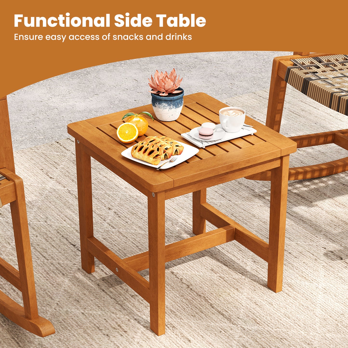 3 Piece Patio Rocking Set, Acacia Wood Rocker Bistro Set, Rattan Seat, Brown Patio Conversation Sets at Gallery Canada