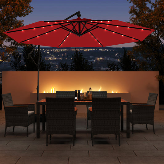 10 Feet Solar Offset Hanging Umbrella with Base and 32 LED Lights, Wine Outdoor Umbrellas Wine at Gallery Canada