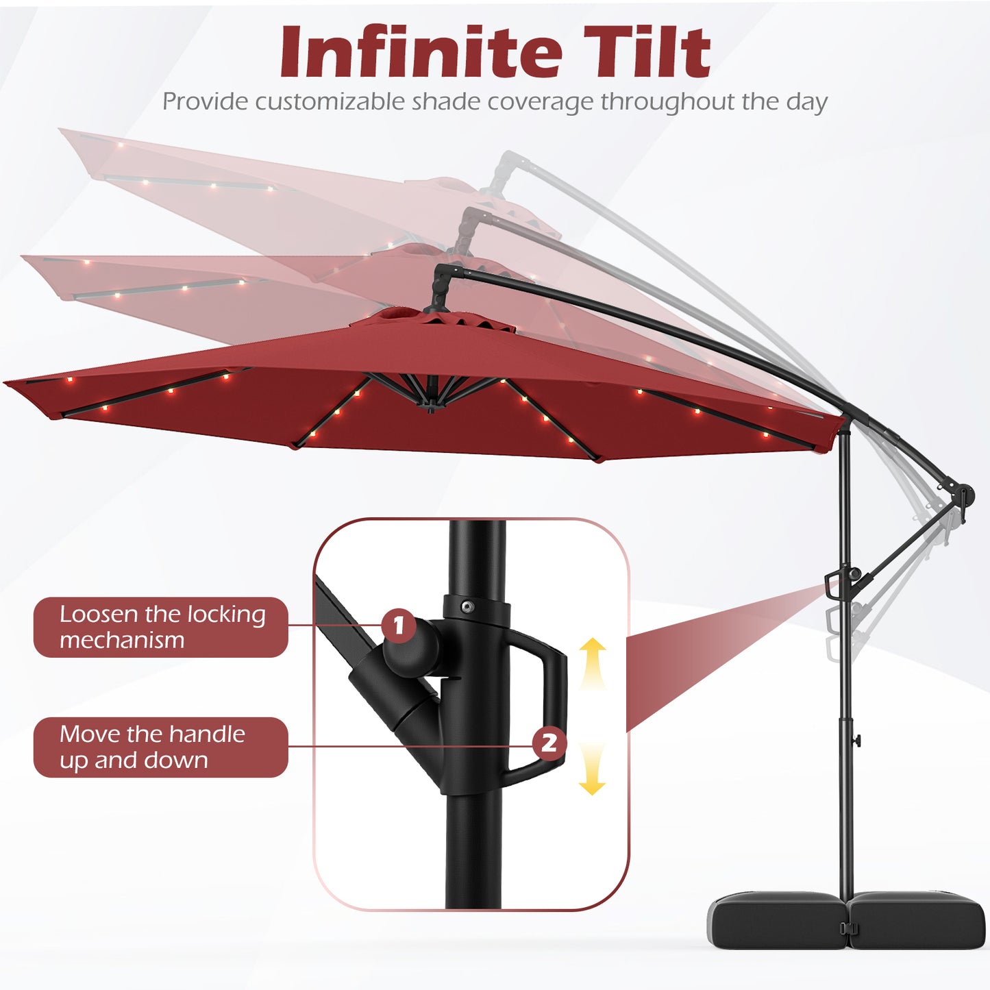 10 Feet Solar Offset Hanging Umbrella with Base and 32 LED Lights, Wine Outdoor Umbrellas at Gallery Canada
