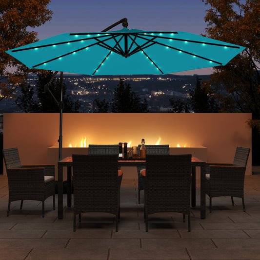 10 Feet Solar Offset Hanging Umbrella with Base and 32 LED Lights, Turquoise Outdoor Umbrellas Turquoise at Gallery Canada