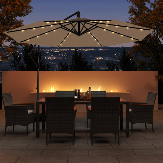 10 Feet Solar Offset Hanging Umbrella with Base and 32 LED Lights, Taupe Outdoor Umbrellas Taupe at Gallery Canada