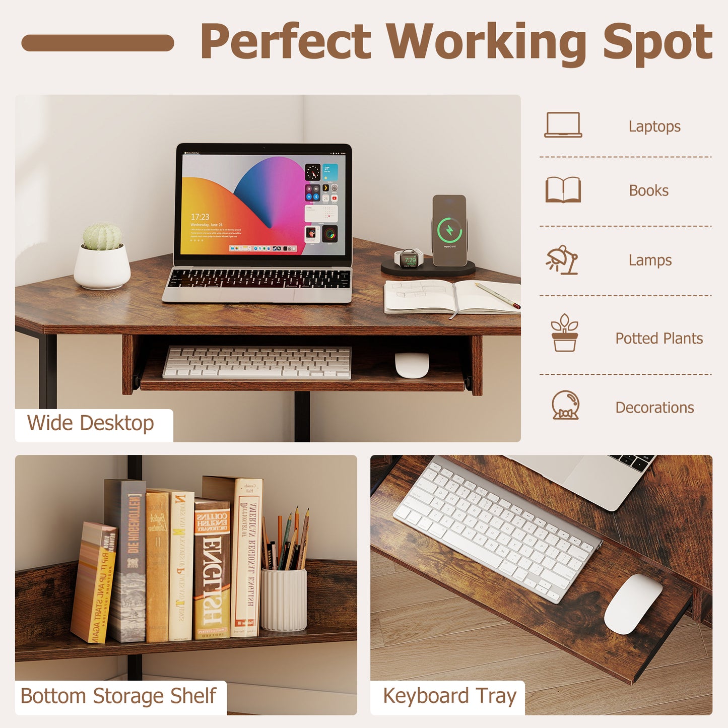 Triangle Corner Desk With Charging Station, Rustic Brown Corner Desks at Gallery Canada