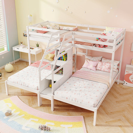 Twin Over Twin Bunk Bed With Storage Staircase, Guardrail, White Bunk Bed Frame White at Gallery Canada
