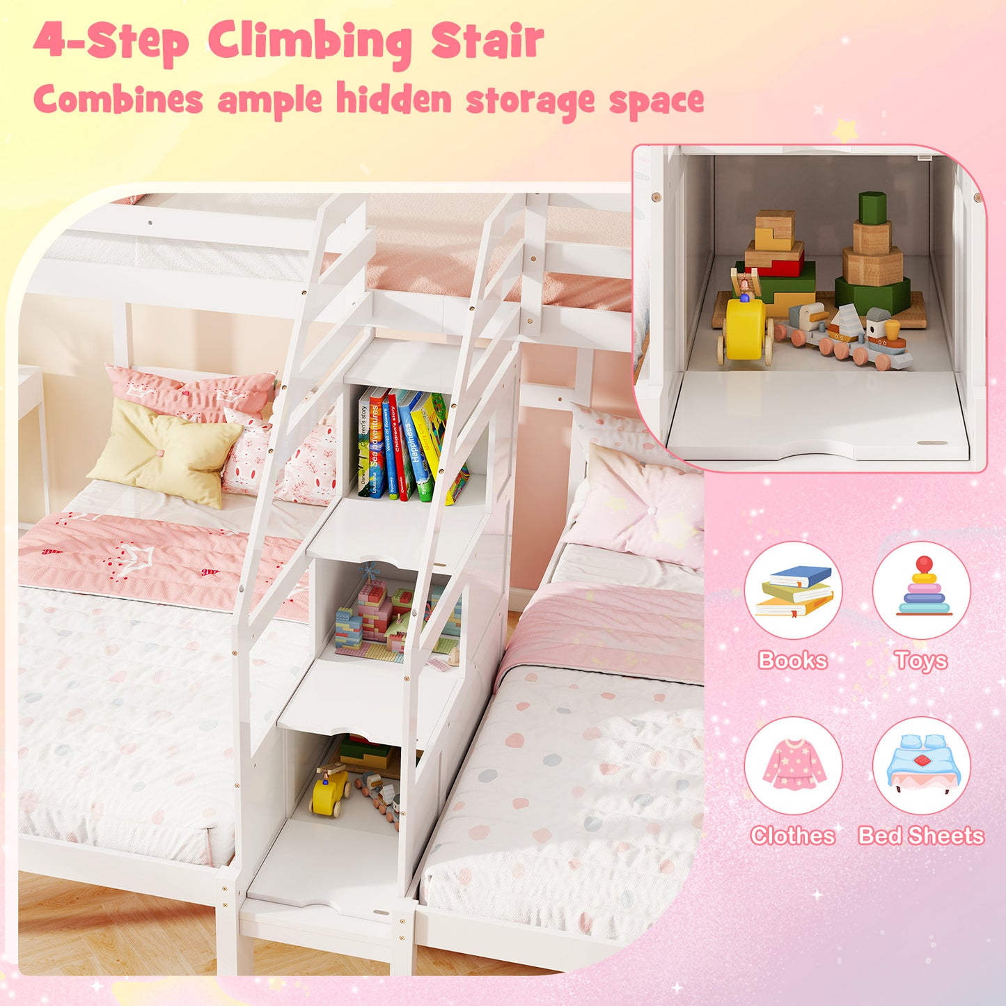 Twin Over Twin Bunk Bed With Storage Staircase, Guardrail, White Bunk Bed Frame at Gallery Canada