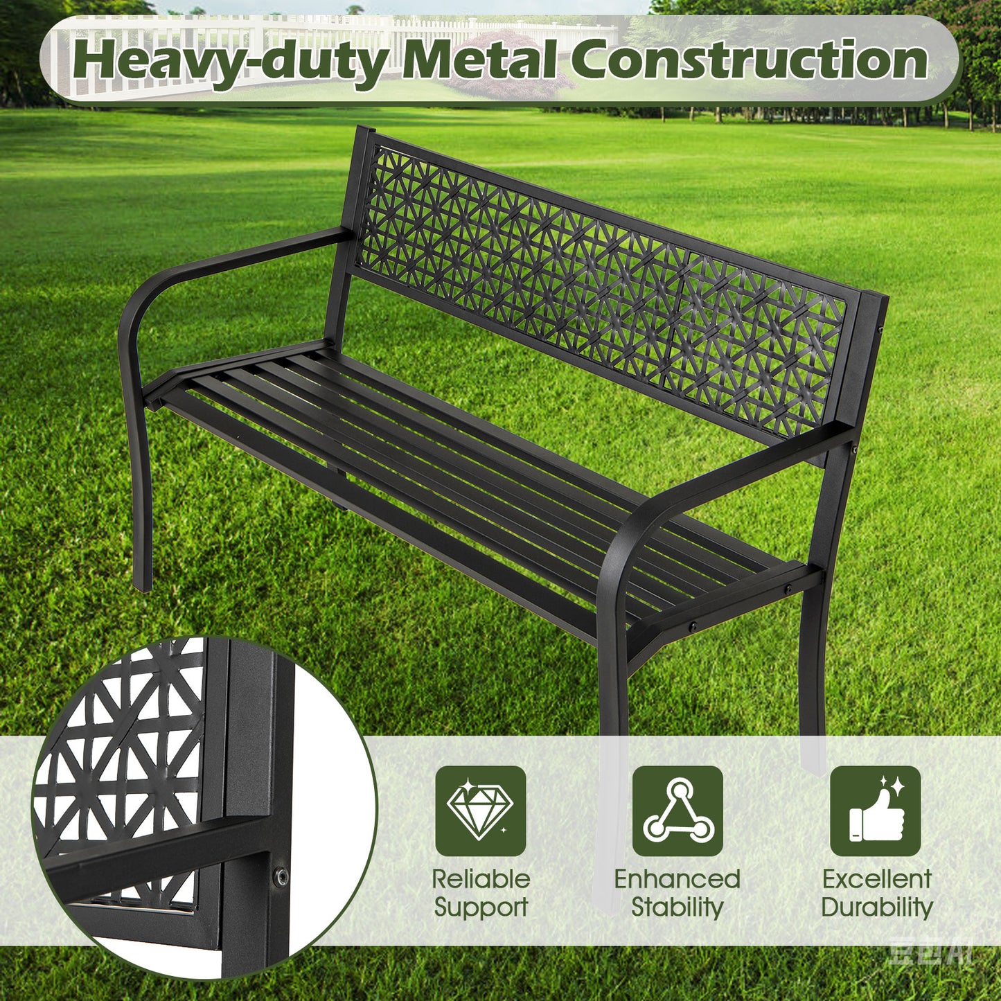 50 Inch Garden Bench, Patterned Backrest, Curved Armrests, Black Outdoor Benches at Gallery Canada