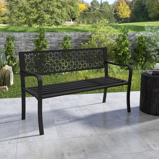 50 Inch Garden Bench, Patterned Backrest, Curved Armrests, Black Outdoor Benches Black at Gallery Canada