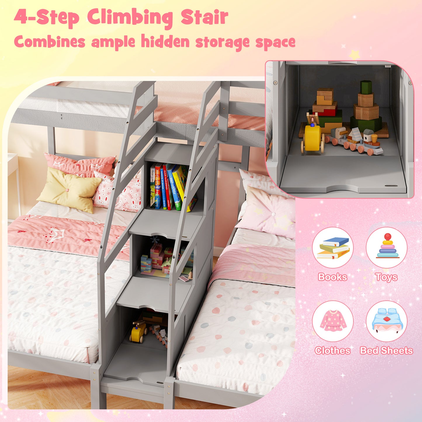 Twin Over Twin and Twin Bunk Bed with Storage Staircase and Guardrail for 3 Kids Teens, Gray Bunk Bed Frame at Gallery Canada