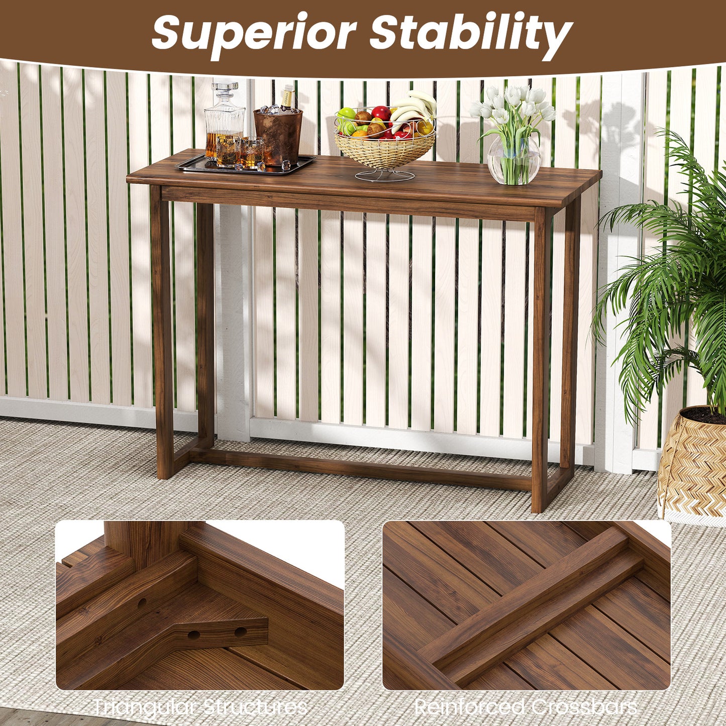 59 Inch Outdoor Bar Table, Slatted Top, Natural Patio Bar Furniture at Gallery Canada