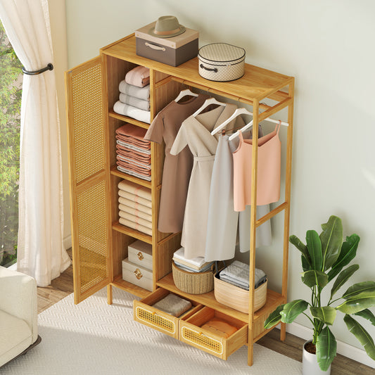 Bamboo Clothing Rack With Cabinet, Drawers, Hanging Rod, Natural