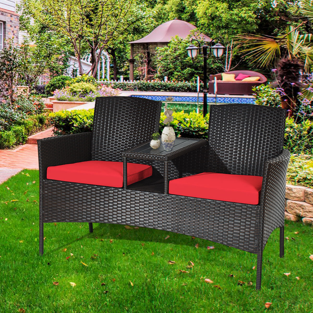 Wicker Patio Conversation Furniture Set with Removable Cushions and Table, Red Patio Conversation Sets at Gallery Canada