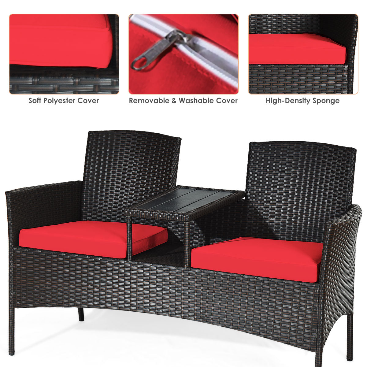 Wicker Patio Conversation Furniture Set with Removable Cushions and Table, Red Patio Conversation Sets at Gallery Canada
