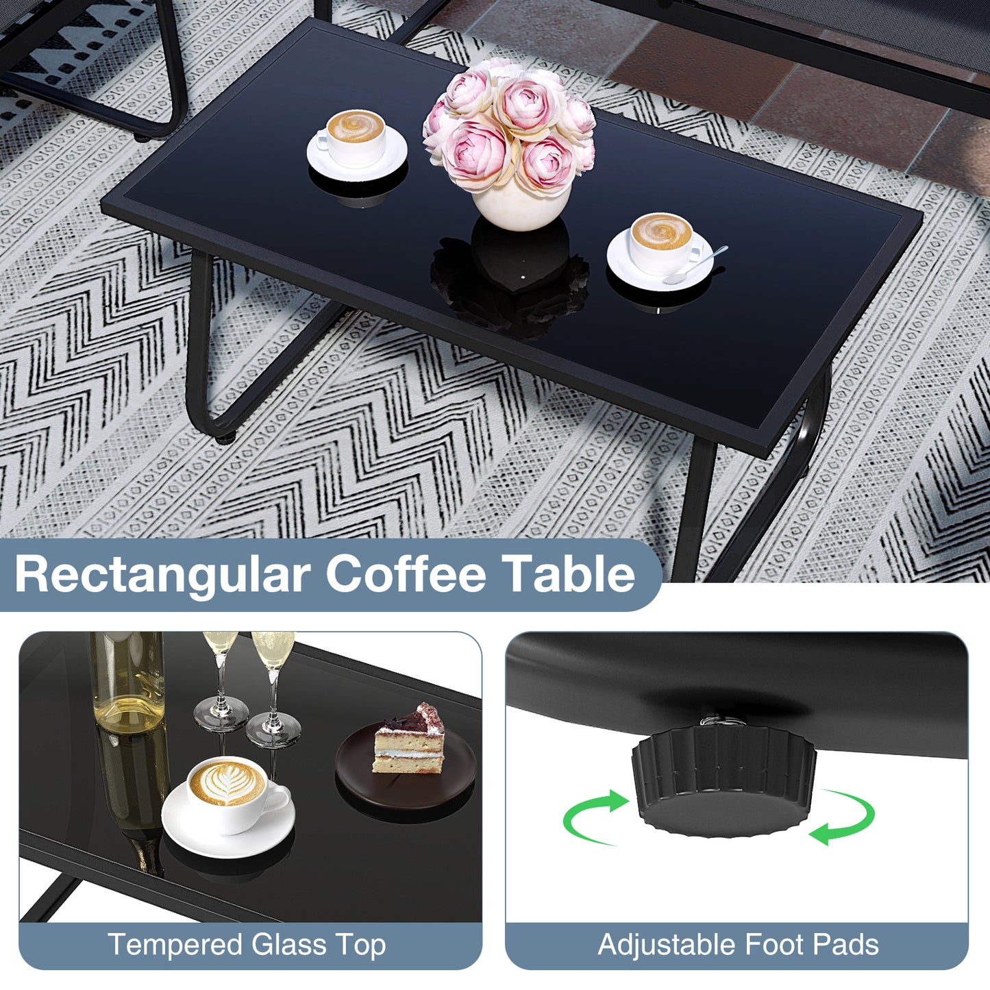 4 Piece Patio Set, Fabric Lawn Chairs, Loveseat, Glass Coffee Table, Black Patio Conversation Sets at Gallery Canada