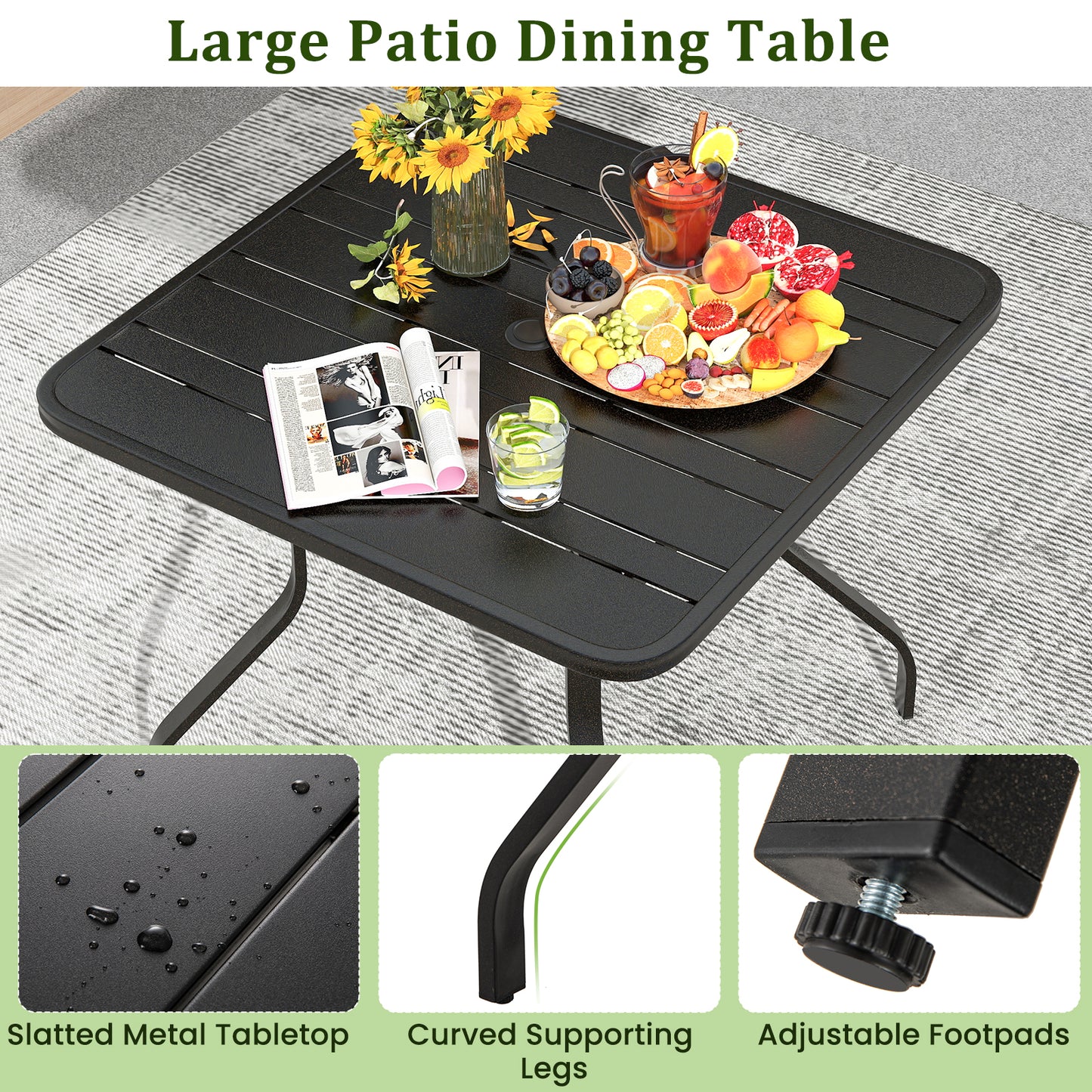 37 Inch Square Patio Dining Table, Umbrella Hole, Black Patio Dining Tables at Gallery Canada