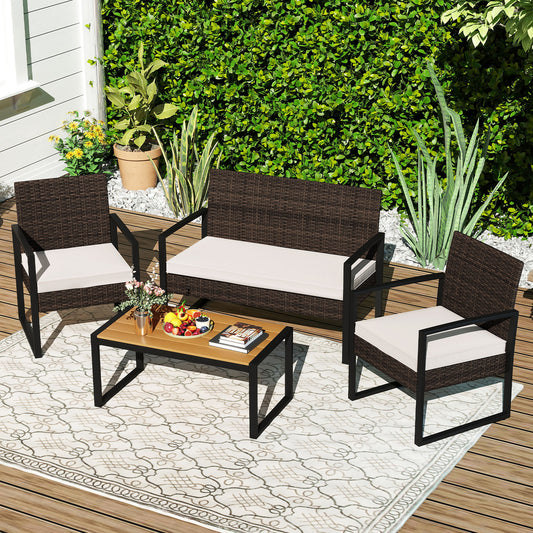 4 Piece Rattan Patio Set, Cushioned Chairs, Wood Plastic Table, Off White