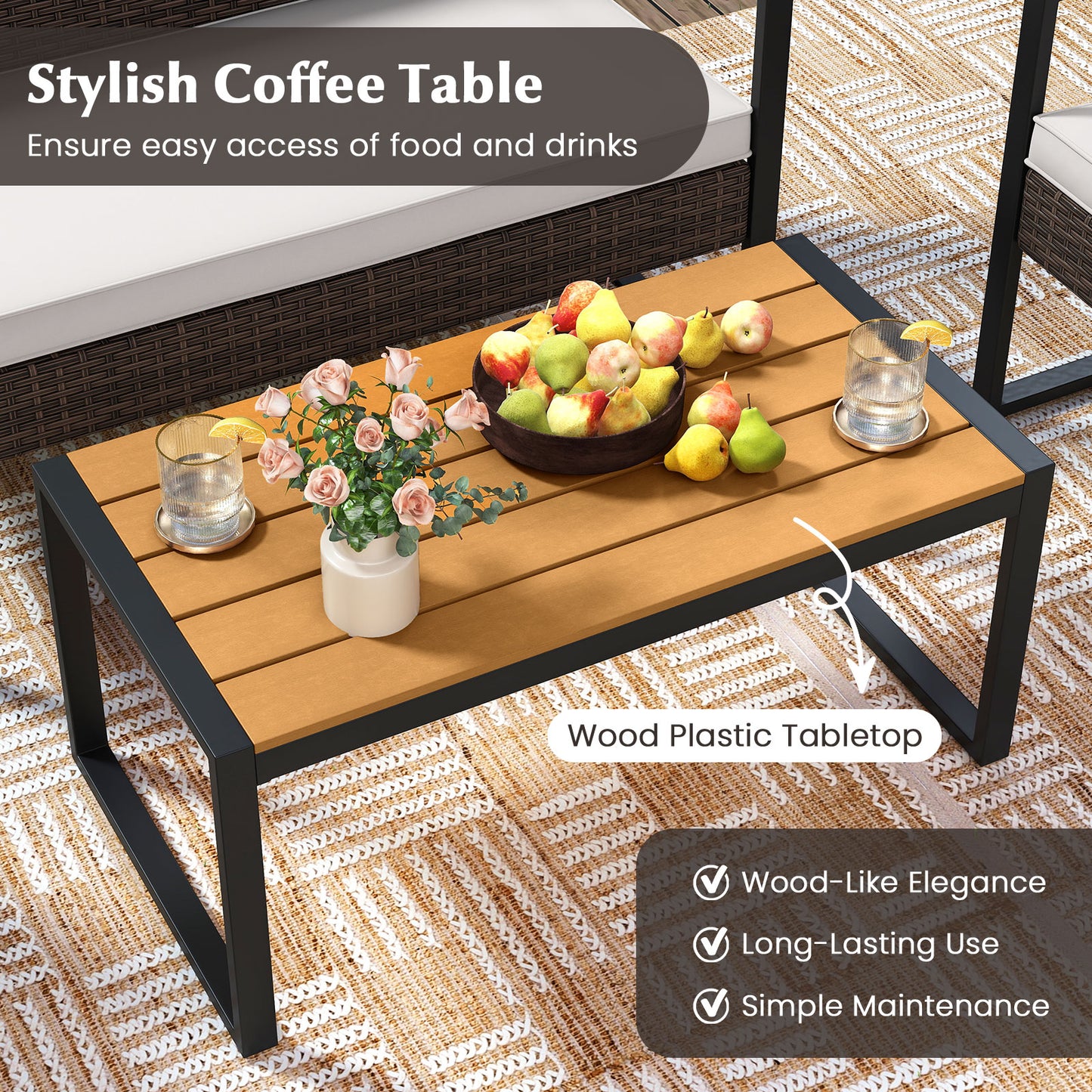 4 Piece Rattan Patio Set, Cushioned Chairs, Wood Plastic Table, Off White Patio Conversation Sets at Gallery Canada