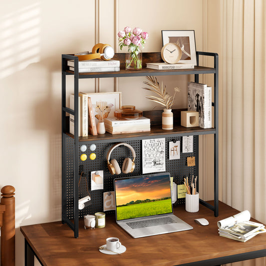 2-Tier Desktop Bookshelf With Pegboard, 32 Inch, Rustic Brown Bookcases Rustic Brown at Gallery Canada