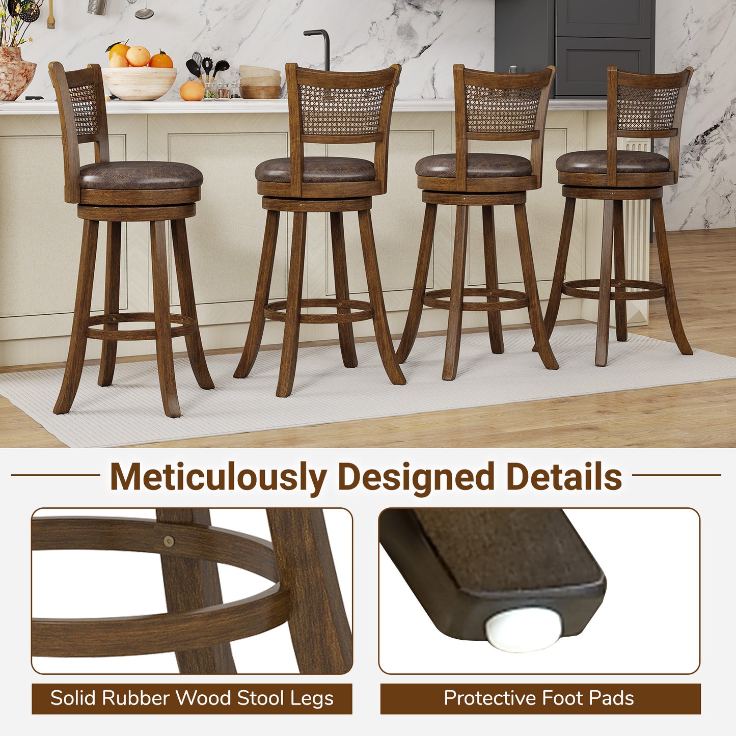 29 Inches Swivel Counter Height Barstool Set of 2 with Rattan Backrest and Footrest, Brown Bar Stools at Gallery Canada