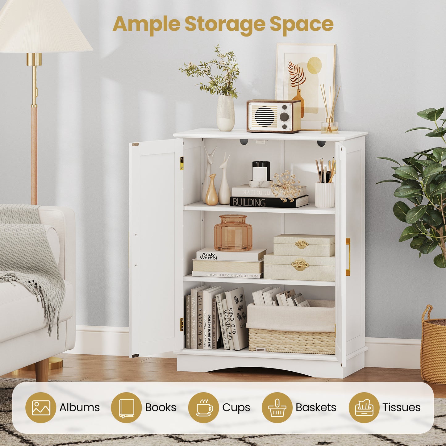 Bathroom Floor Storage Cabinet, 2 Doors, Adjustable Shelves, White Floor Cabinets at Gallery Canada