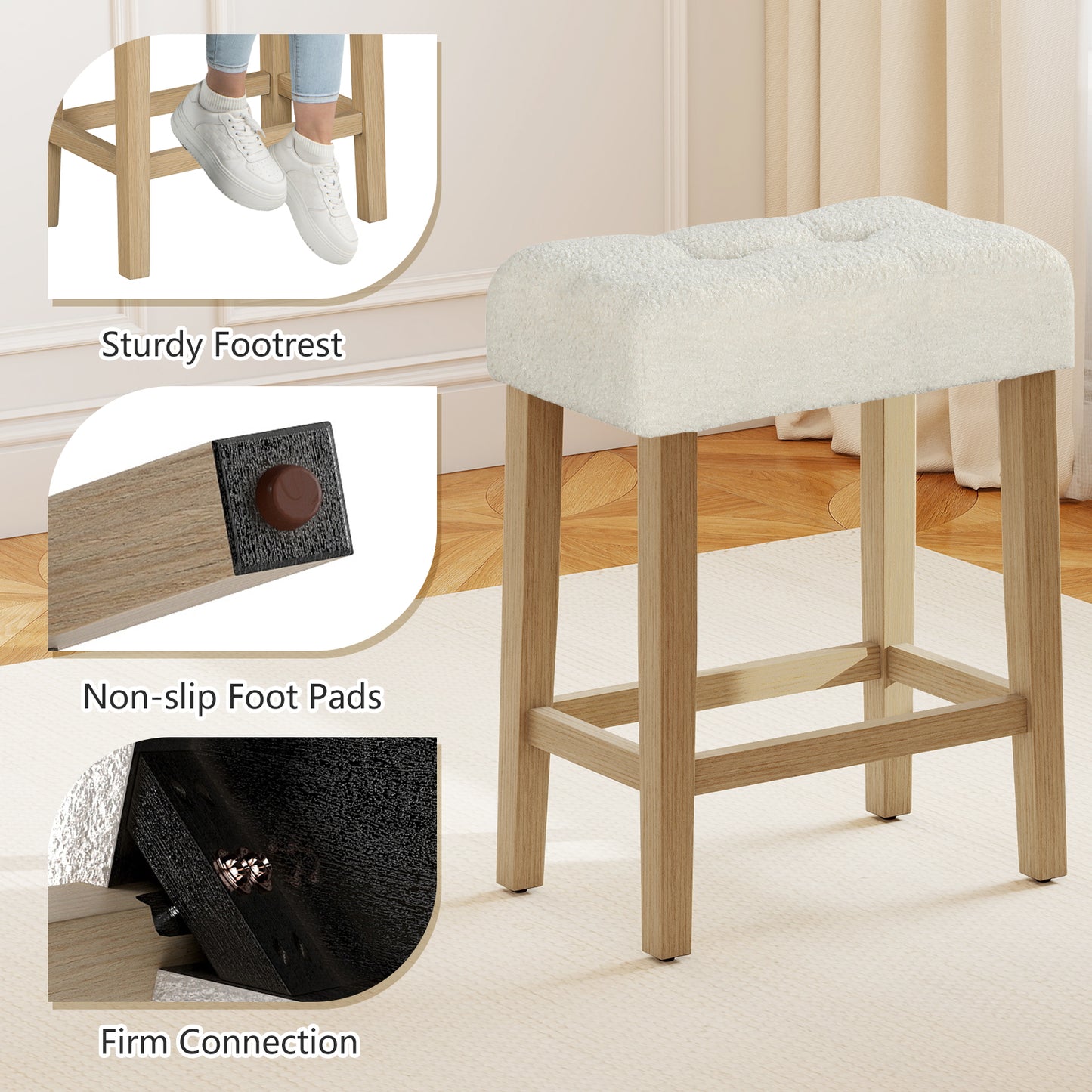 Modern Counter Height Bar Stools Set of 2 with Rubber Wood Legs-Beige and Natural, Beige Bar Stools at Gallery Canada