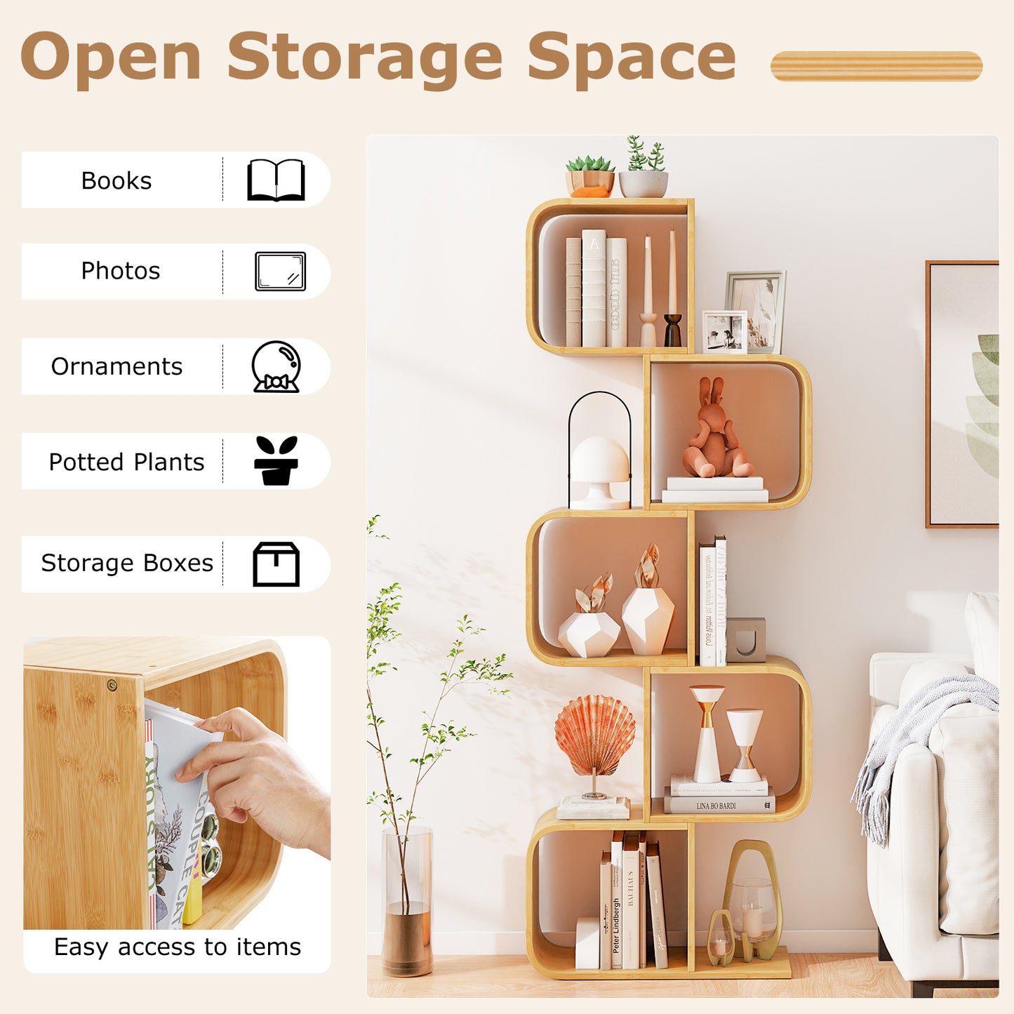 5-Tier S-Shaped Bookcase, 5 Open Cubes, Natural Bookcases at Gallery Canada