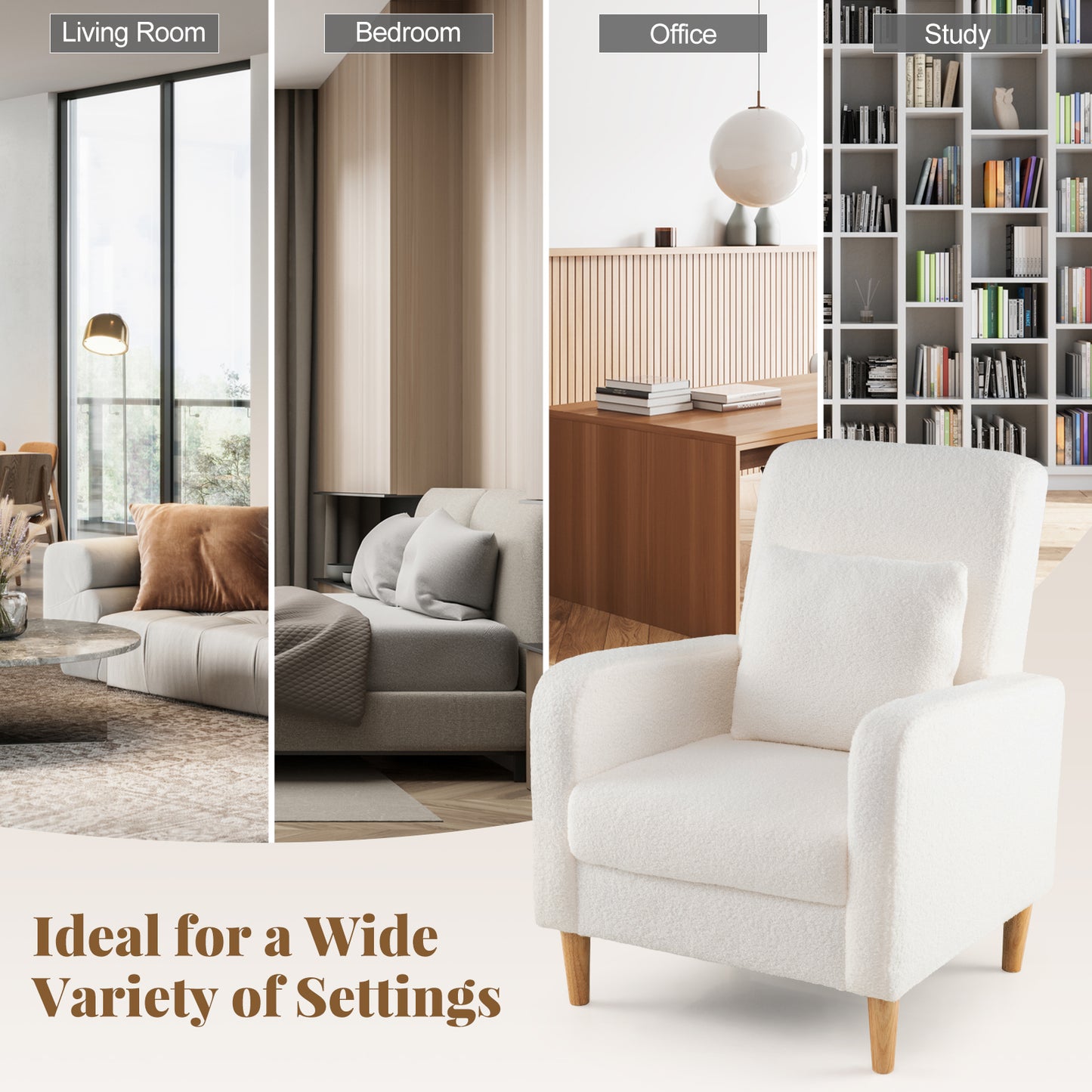 Modern Upholstered Sofa Chair With Lumbar Pillow, Teddy Fleece Cover, White Accent Chairs at Gallery Canada