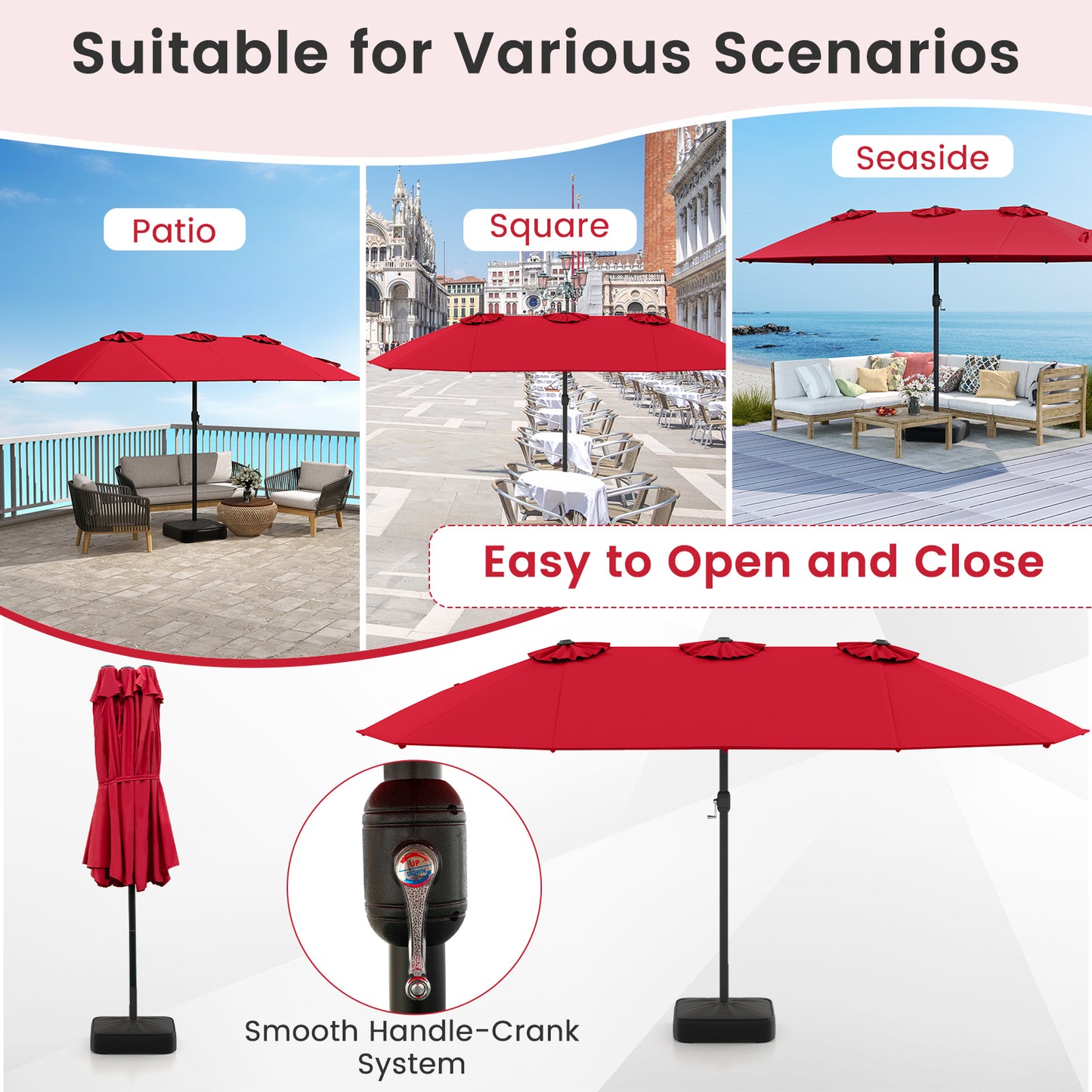 15 Feet Double-Sided Patio Umbrella, Crank Base, Coffee, Red Outdoor Umbrellas at Gallery Canada