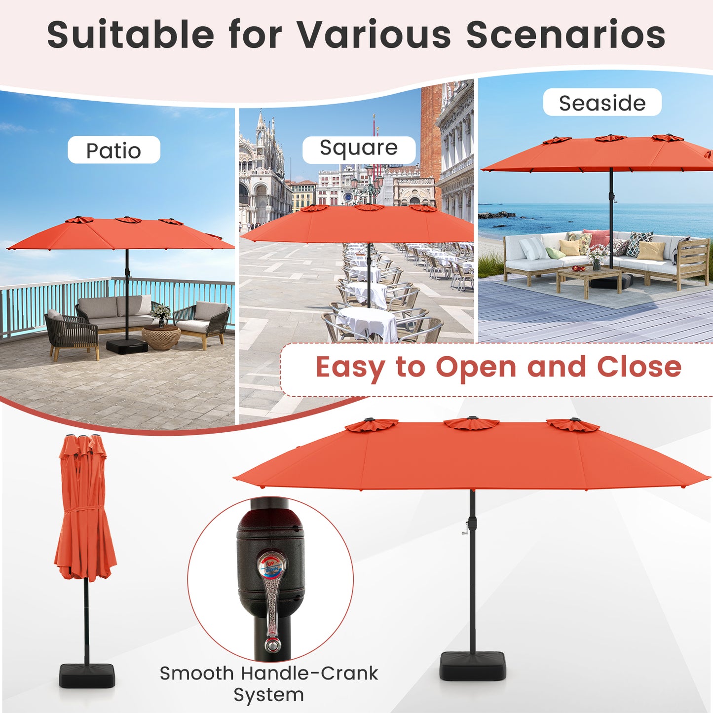 15 Feet Double-Sided Patio Umbrella, Crank And Base, Orange, Coffee Outdoor Umbrellas at Gallery Canada
