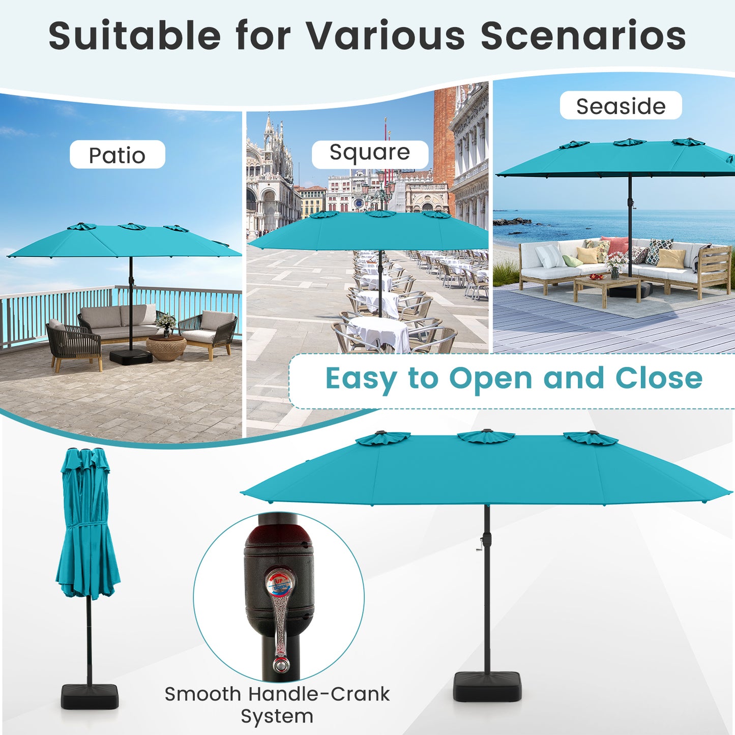 15 Feet Double-Sided Patio Umbrella, Crank Base, Turquoise Outdoor Umbrellas at Gallery Canada