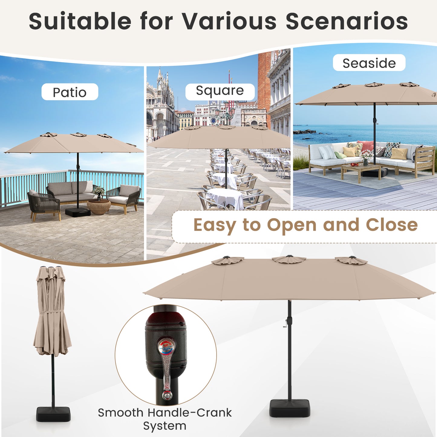 15 Feet Double-Sided Patio Umbrella, Crank, Base, Coffee, Brown Outdoor Umbrellas at Gallery Canada