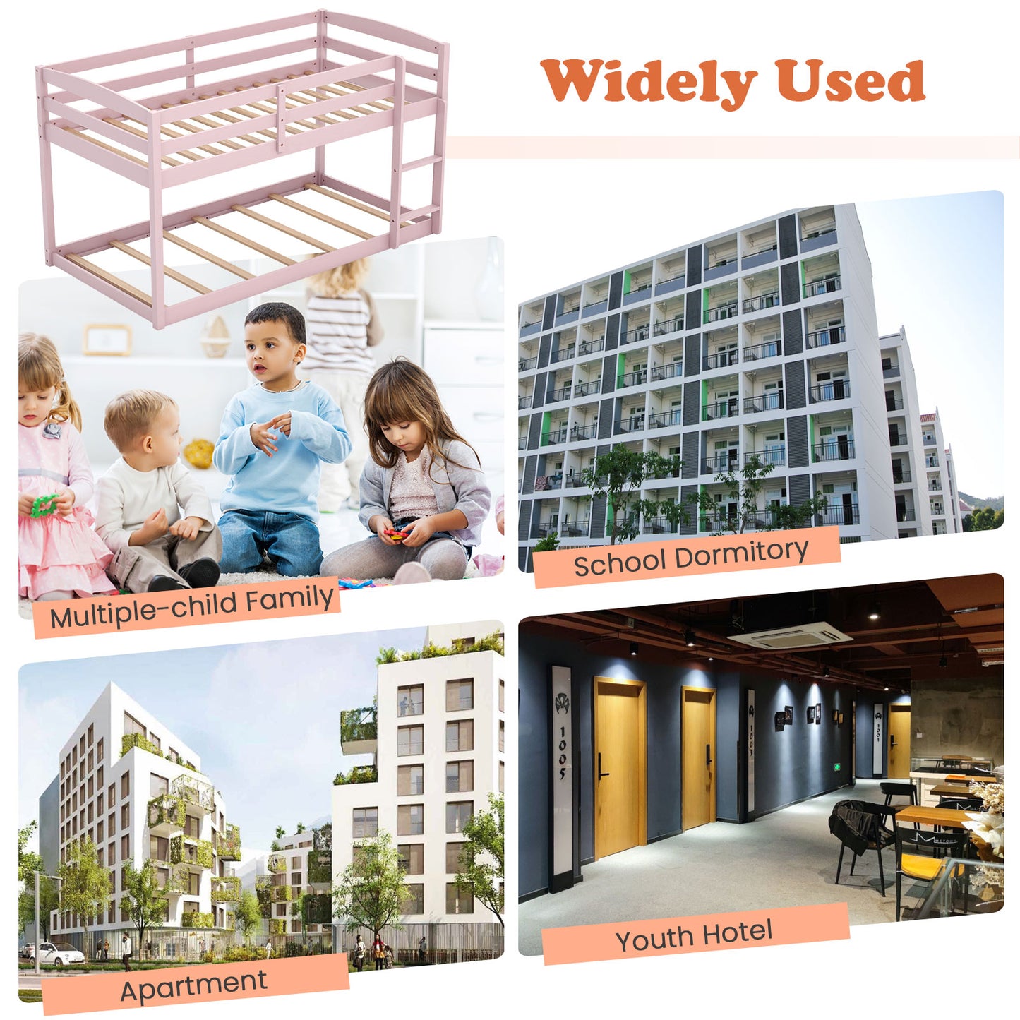 Twin Size Bunk Bed, High Guardrails, Integrated Ladder, Pink Bunk Bed Frame at Gallery Canada