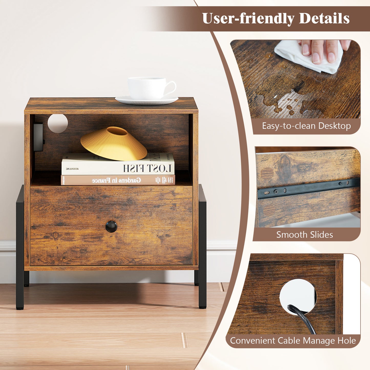 Nightstand with Charging Station and Drawer Sofa Side Table, Rustic Brown Nightstands at Gallery Canada