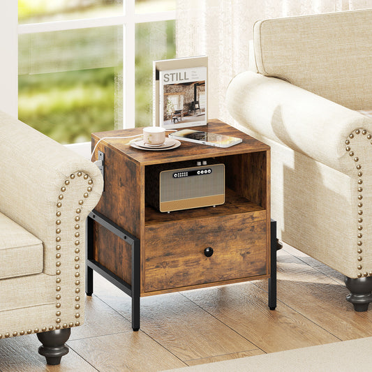 Nightstand with Charging Station and Drawer Sofa Side Table, Rustic Brown Nightstands Rustic Brown at Gallery Canada