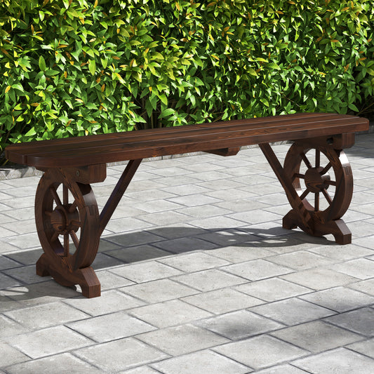Patio Rustic Wood Bench with Wagon Wheel Base, Rustic Brown Outdoor Benches Rustic Brown at Gallery Canada
