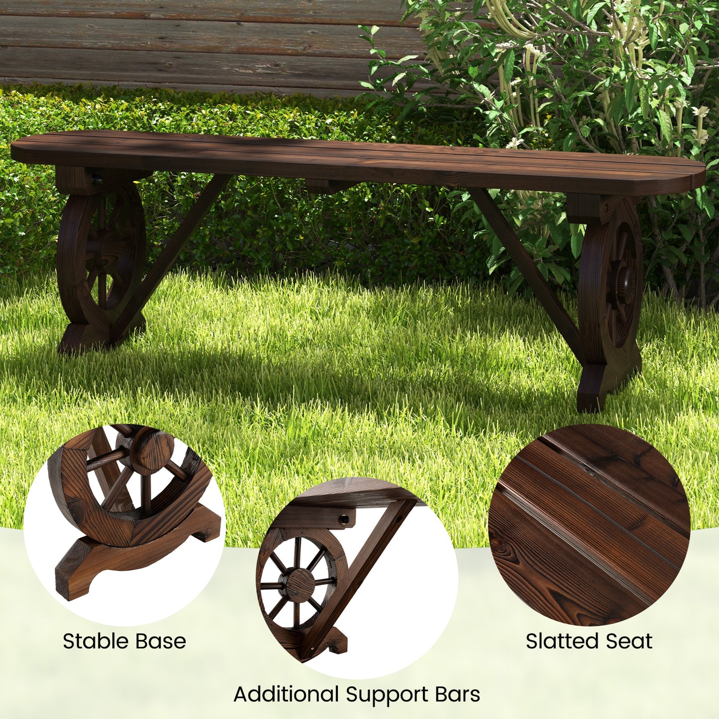 Patio Rustic Wood Bench with Wagon Wheel Base, Rustic Brown Outdoor Benches at Gallery Canada