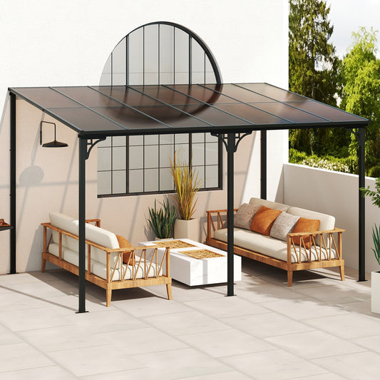 Wall-Mounted Patio Gazebo Large Outdoor Hardtop Pergola with Sloped Polycarbonate Roof, Natural Gazebos Natural at Gallery Canada