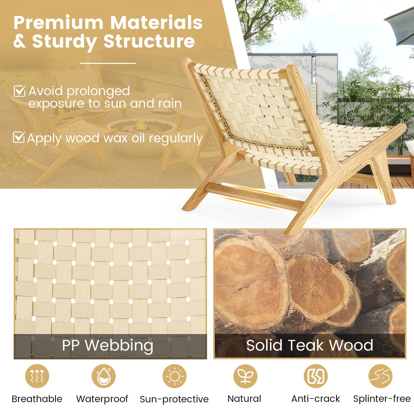 Teak Wood Patio Chair, Armless, Webbing Seat, Natural Patio Dining Chairs at Gallery Canada