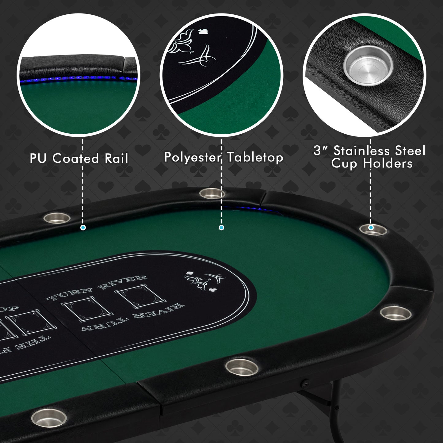 Table de poker pliable pour 10 joueurs, lumières LED, ports USB, vert