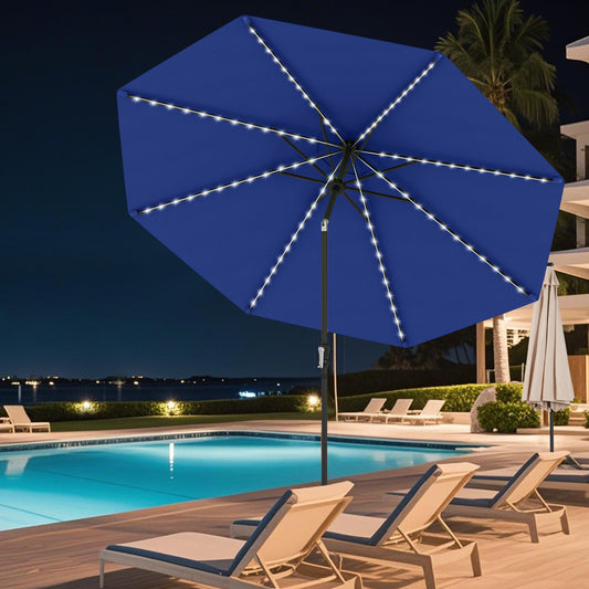 Parapluie de Patio Solaire de 10 Pieds, 96 Lumières LED Multicolores, Réglage d'Inclinaison, Bleu Marine