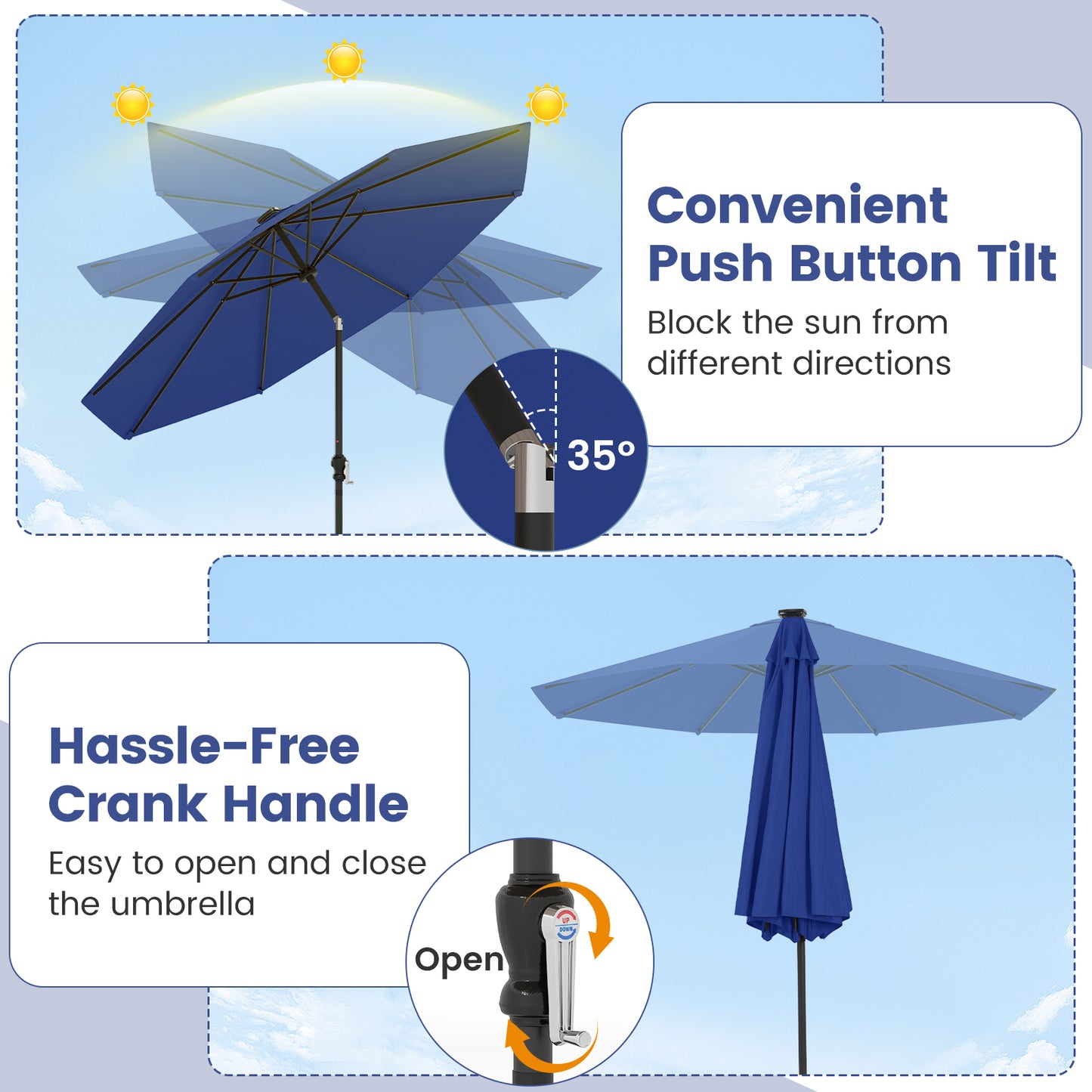 10 Feet Solar Patio Umbrella, 96 Multi-Colored LED Lights, Tilt Adjustment, Navy Outdoor Umbrellas at Gallery Canada
