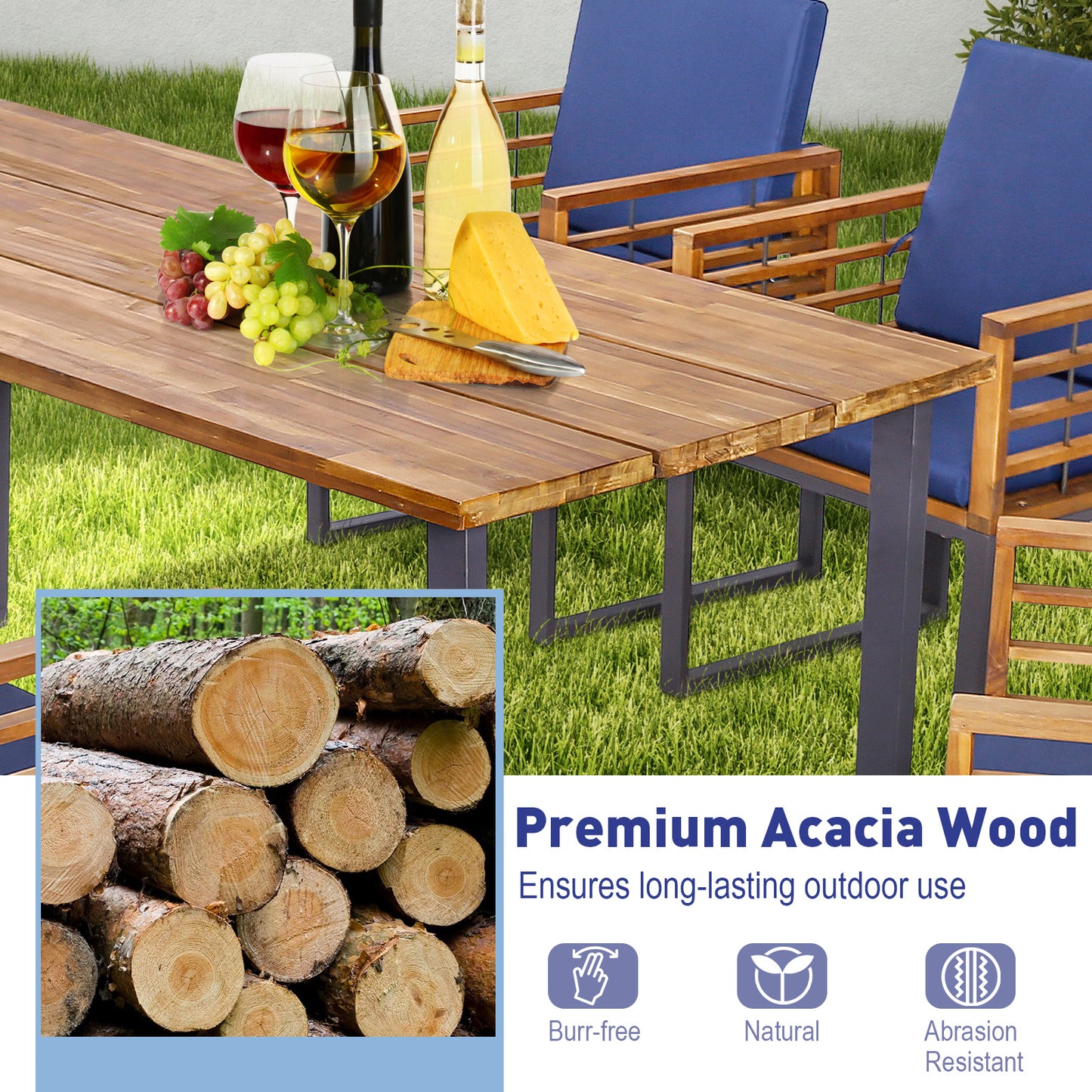 Outdoor Acacia Wood Patio Dining Chairs Set of 6 with Seat Back Cushions, Navy Patio Dining Chairs at Gallery Canada