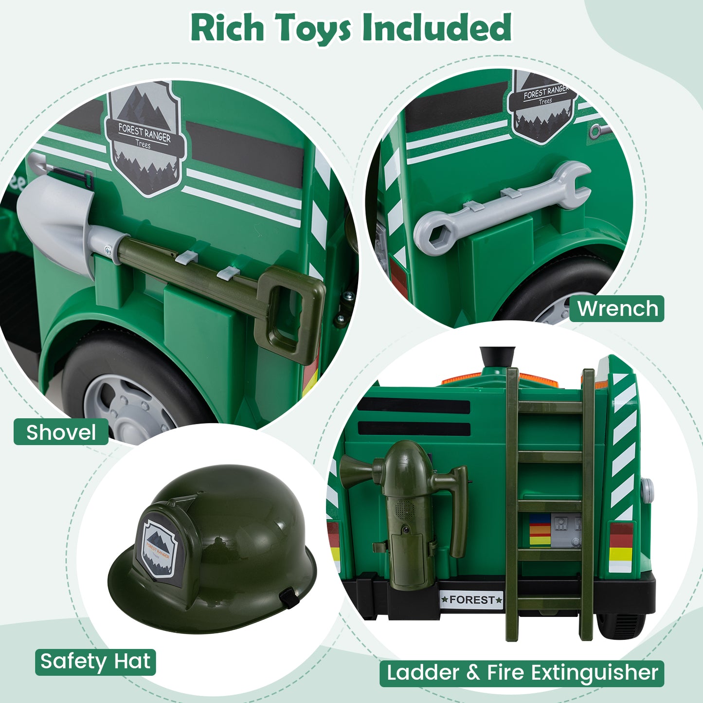 12V Toddler Fire Toy Car With Shovel, Wrench, 37-95 Months, Green Powered Ride On Toys at Gallery Canada