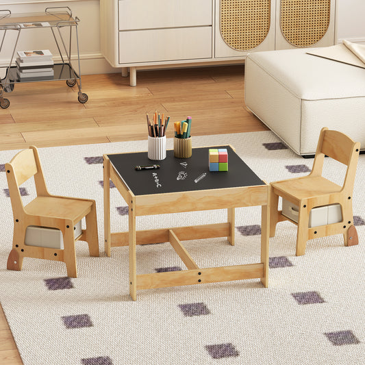 Kids Table And Chair Set, 3 In 1, Removable Tabletop, 2 Storage Drawers, Natural