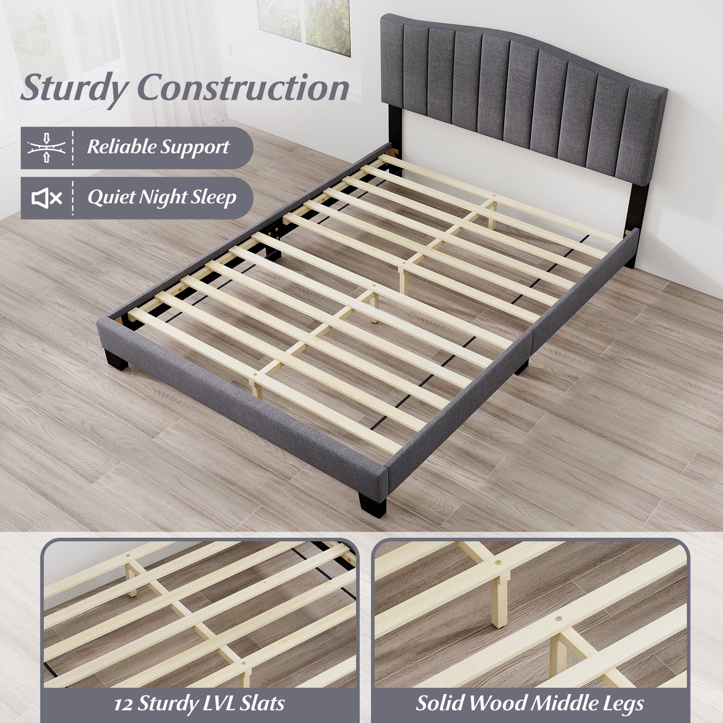 Modern Upholstered Bed Frame, Adjustable Tufted Headboard, Queen Size, Gray Simple Bed Frame at Gallery Canada