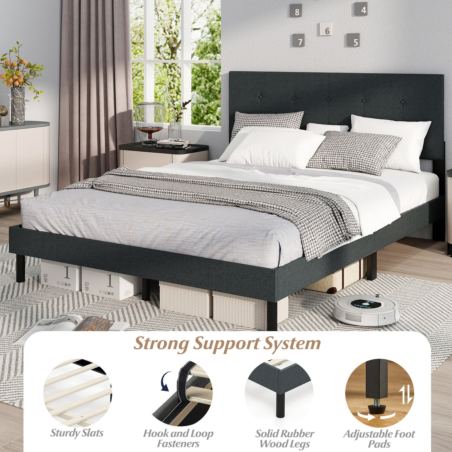 Queen Size Upholstered Bed Frame, Platform Bed, Dark Gray Simple Bed Frame at Gallery Canada