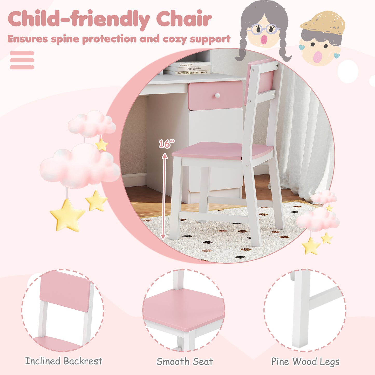Kids Desk and Chair Set with Hutch and 3-Layer Side Shelf, Pink Kids Table & Chair Sets at Gallery Canada