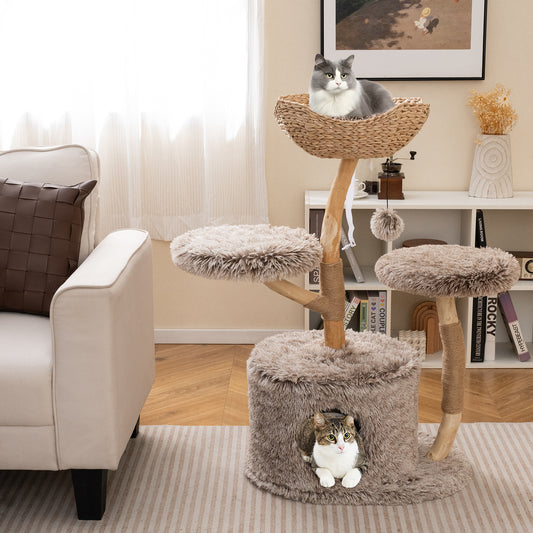 Wood Cat Tree Solid Pear Cat Tree with Perch and Sisal Scratching Posts, Brown Cat Trees Condos & Scratchers Brown at Gallery Canada